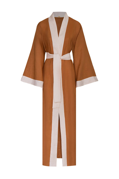Rafaela Linen Kaftan / Brown & Ivory